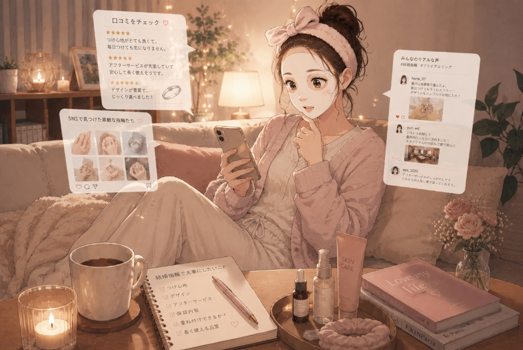 ソファでくつろぎながらスマホで結婚指輪の口コミやSNSを調べている女性のイラスト